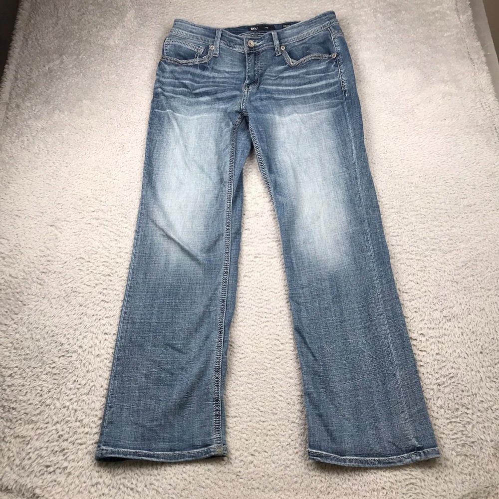 BKE Jake Jeans Mens 33 (34x31) Whiskers Stone Wash Low Rise Bootcut Stretch